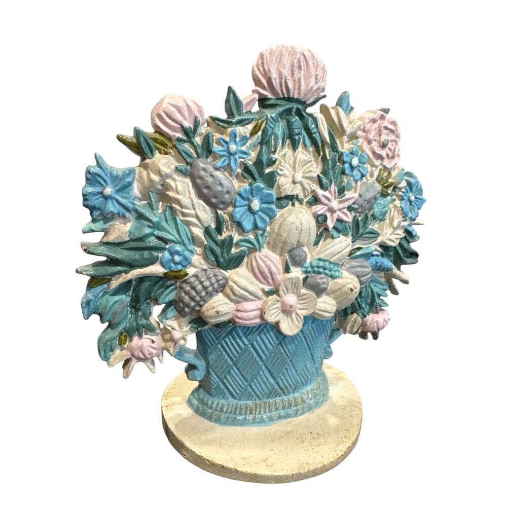 Vintage Cast Iron Pastel Floral Basket Doorstop - Picture 2 of 8